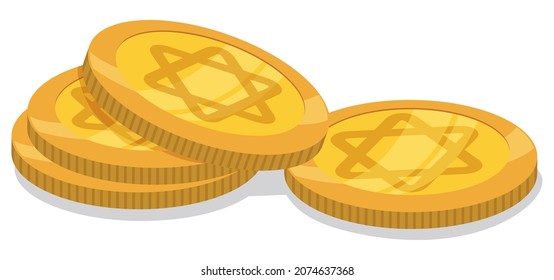 Pile of golden coins decorated with Star of David in cartoon style, over white background.