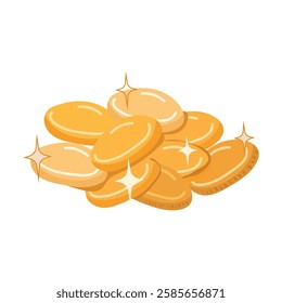 Pile of golden empty coins, with sparkles and glitter. Financial and investment symbol of money, game asset, payment sign, gambling or banking. Vector illustration isolated on transparent background.