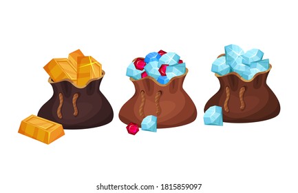 Pile of Golden Ingots and Gemstones Rested in Sack Vector Set