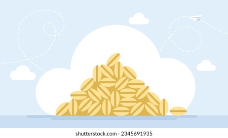 A pile of grain. Golden Wheat. Grains plants and cereal, rye barley and wheat ear. Food package design template, food. Flat vector illustration. 