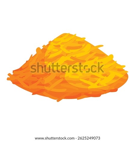 Pile of grated cheddar cheese forming a hill isolated on white background