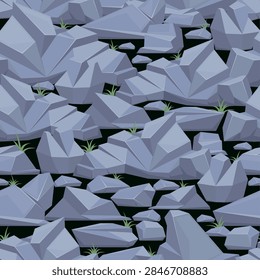 Pile of gray rocks seamless pattern. Stones covered with grass. Granite boulders. Broken mountain fragments. Repeated print. Natural rough stony pieces. Cracked basalt cobblestones. Vector background