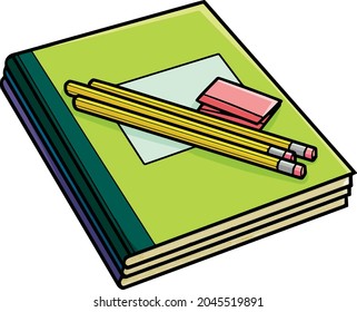 Pile of green books in cartoon style with pencils and erasers on them