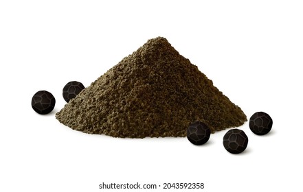 Pile of ground black pepper with several peppercorns. Realistic vector illustration.