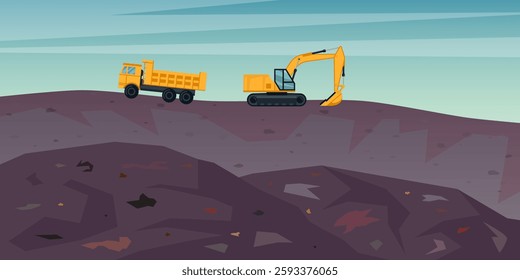 Pile of ground with heavy machinery. Construction site, mining quarry or landfill with dump track and excavator. Mountain of soil, waste or fossil. Cartoon or flat vector landscape. Industrial design.