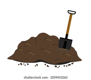 Pile of ground, manure or compost. shovel in a pile of ground. Hill of earth or dirt. Bunch of manure. Zero waste. Vector illustration in flat style