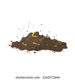 Pile of ground with organic garbage, flies and smell for illustration of compost, organic fertilizer, soil, agriculture. Zero waste theme. Colored flat icon, cartoon vector design.