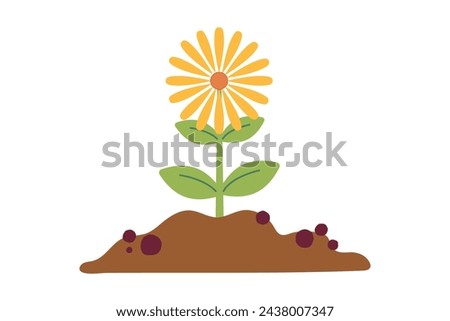 Pile of ground with small yellow blooming flower, heap of soil. Vector illustration isolated on white background. Vector illustration. Gardening, plants. Cartoon design for poster, icon, card