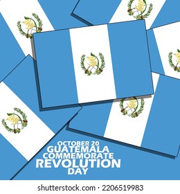 Pile guatemaltekischer Flaggen mit kühlem Text auf blauem Hintergrund zum Gedenken an den Tag der Revolution in Guatemala am 20. Oktober