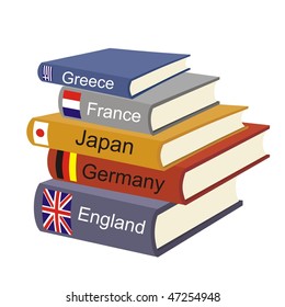 Pile of guidebooks or Dictionaries of different countries.