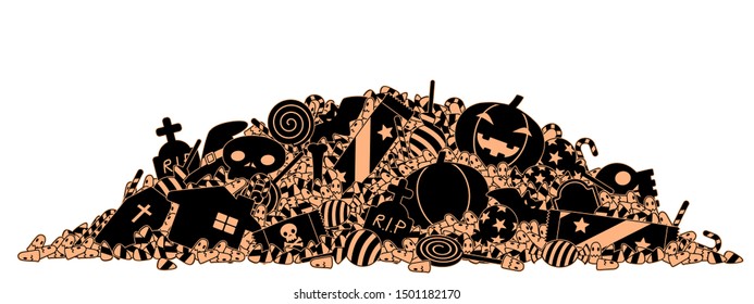 Pile of Halloween candy and the bucket on white background
