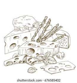 Pile of hand drawn cheese with bread sticks. Vector hand drawn illustration.