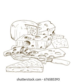 Pile of hand drawn cheese cheese knife. Vector hand drawn illustration.