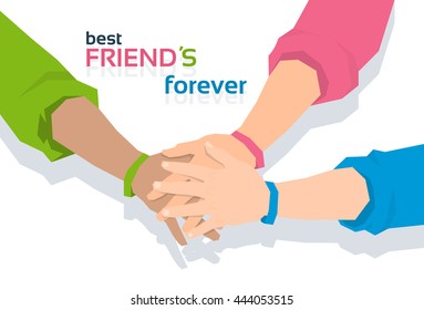 Pile Hand Stack On Each Other Holding Together Best Friends Forever Friendship Day Banner Flat Vector Illustration