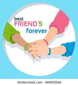 Pile Hand Stack On Each Other Holding Together Best Friends Forever Friendship Day Banner Flat Vector Illustration