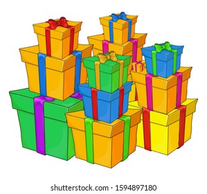 Pile, heap of Christmas, birthday gifts, presents. Colorful wrapping, elegant ribbon bow. Present stack isolated on white background.