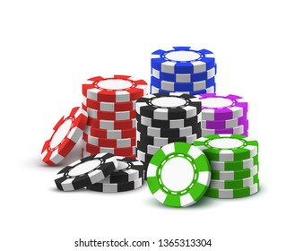 Pile Or Heap For Realistic Casino Chips. 3d Pile Or Stack Of Poker Money. Tower Made Of Green And Blue, Red And Black, Violet Gambling Club Cash. Internet Casino Poster.Money And Gamble, Betting Theme