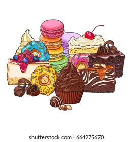 Pile, heap of various cakes, sweets, donuts, macaroons and other desserts and pastries, sketch vector illustration isolated on white background. Group of various pastries, cakes and desserts