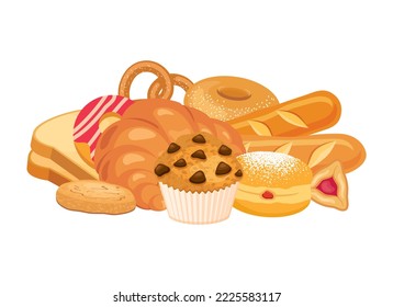 Pile heap of various pastries icon vector. Sweet and salty pastry still life illustration. Bakery and pastry products set vector isolated on a white background