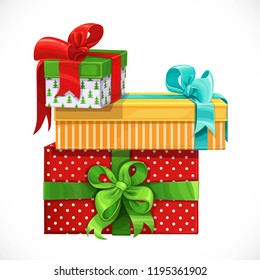 Pile of Holiday gifts in boxes with bows isolated on a white background
