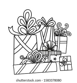 Pile of holiday gifts. Hand drawn doodle style. Black and white vector illustration.