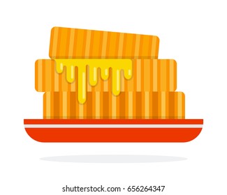 Pile of honeycomb with honey drops on a plate vector flat material design isolated on white