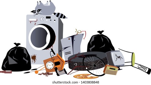 Pile of household garbage, including a broken washing machine and a dead raccoon, EPS 8 vector illustration	
