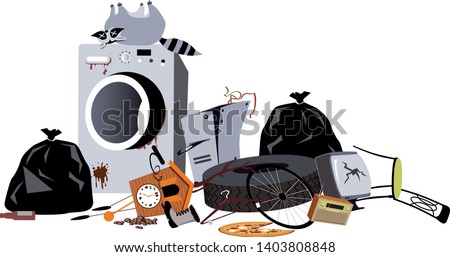 Pile of household garbage, including a broken washing machine and a dead raccoon, EPS 8 vector illustration	
