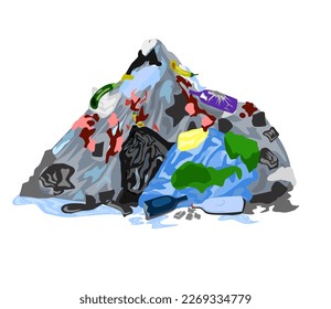 Pile of household garbage lying around. Unsorted food, paper, plastic and electrical waste. Flat vector illustration isolated on white background