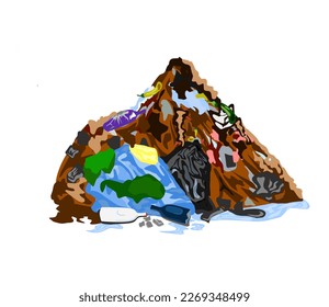 Pila de basura doméstica tirada por ahí. Residuos de comida, papel, plástico y electricidad sin clasificar. Ilustración vectorial plana aislada en fondo blanco