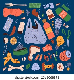 Pile of household garbage lying around. Unsorted food, paper, plastic and electrical waste. Flat vector illustration