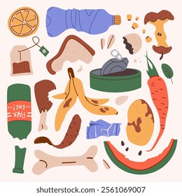 Pile of household garbage lying around. Unsorted food, paper, plastic and electrical waste. Flat vector illustration