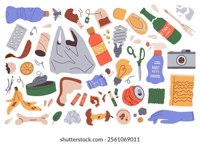 Pile of household garbage lying around. Unsorted food, paper, plastic and electrical waste. Flat vector illustration