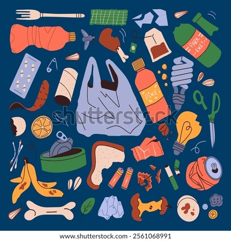 Pile of household garbage lying around. Unsorted food, paper, plastic and electrical waste. Flat vector illustration