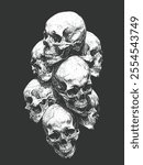 Pile of Human Skull Bones in Black and White