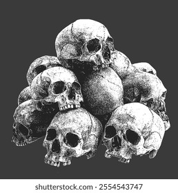 Pile of Human Skull Bones in Black and White