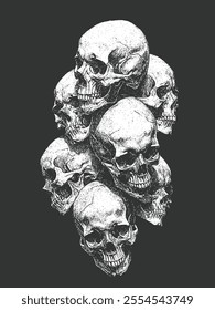 Pile of Human Skull Bones in Black and White