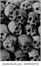 Pile of Human Skull Bones in Black and White