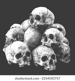 Pile of Human Skull Bones in Black and White