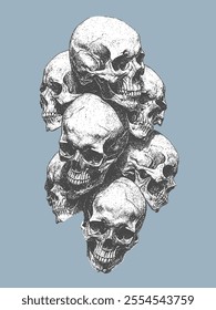 Pile of Human Skull Bones in Black and White