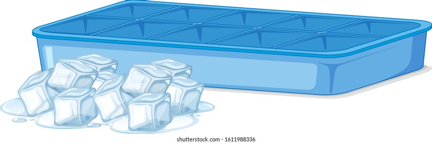 Pile of ice and empty ice tray on white background illustration