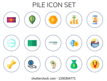 pile icon set. 15 flat pile icons.  Simple modern icons about  - money, salt, coin, sand, coins, dog food