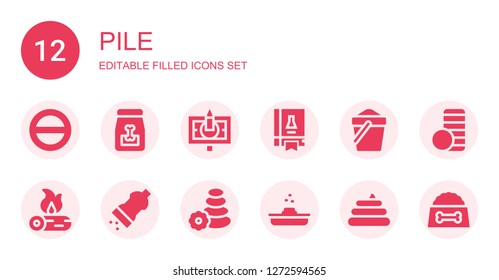 pile icon set. Collection of 12 filled pile icons included Salt, Dog food, Banknote, Science book, Sand, Firewood, Stone, Poop, Poo, Coin stack