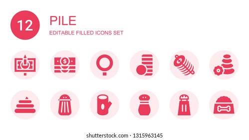 pile icon set. Collection of 12 filled pile icons included Banknote, Qstack, Coin stack, Dung, Poo, Salt, Log, Stone, Dog food