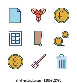 pile icon set. vector set about pitchfork, coins, finance book and blueberries icons set.