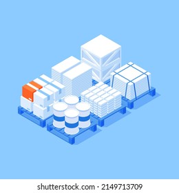 Pile industrial material barrels boxes bricks wooden pallet for storage warehouse cargo transportation isometric vector illustration. Stack industry package containers crate goods commercial shipment