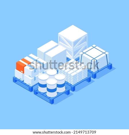 Pile industrial material barrels boxes bricks wooden pallet for storage warehouse cargo transportation isometric vector illustration. Stack industry package containers crate goods commercial shipment