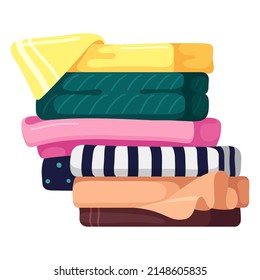 Pile of ironed linen clean folded clothes vector flat illustration. Stack freshness textile clothing softness washing wardrobe isolated. Domestic laundry hygienic cotton apparel. Daily household chore