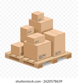 Pile of isometric cardboard boxes on a wooden pallet. Isolated on a transparent background. Vector illustration