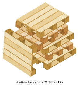 Pila de paletas isométricas para envasado y transporte aislado en blanco. Un pallet se está inclinando contra una pila. Ilustración vectorial.